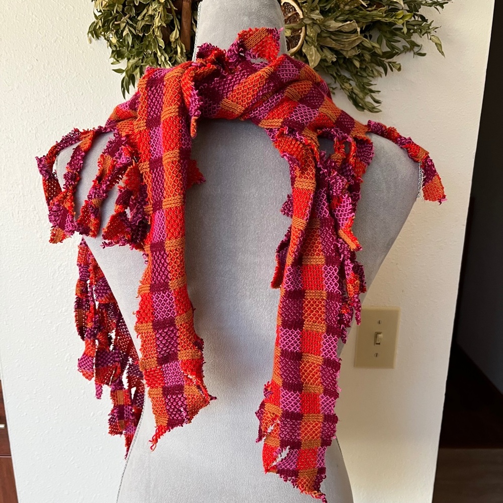 ❤️ Handmade Plaid Fringe Scarf Orange Purple Checkered Triangle Bandana Wrap - Picture 7 of 7